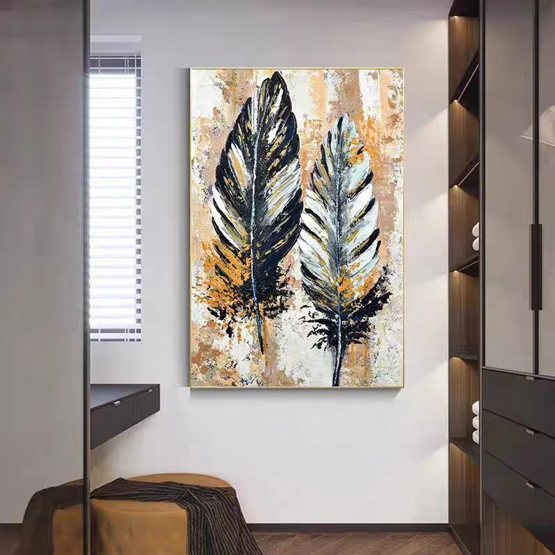 现代轻奢简约羽毛油画客厅装饰画背景墙挂画玄关画羽毛80120