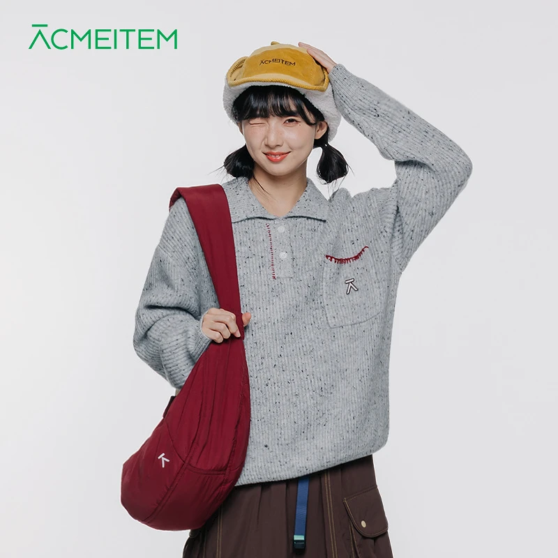 ACMEITEM爱棵米 秋冬刺绣复古翻领花纱毛衣休闲宽松针织衫男女