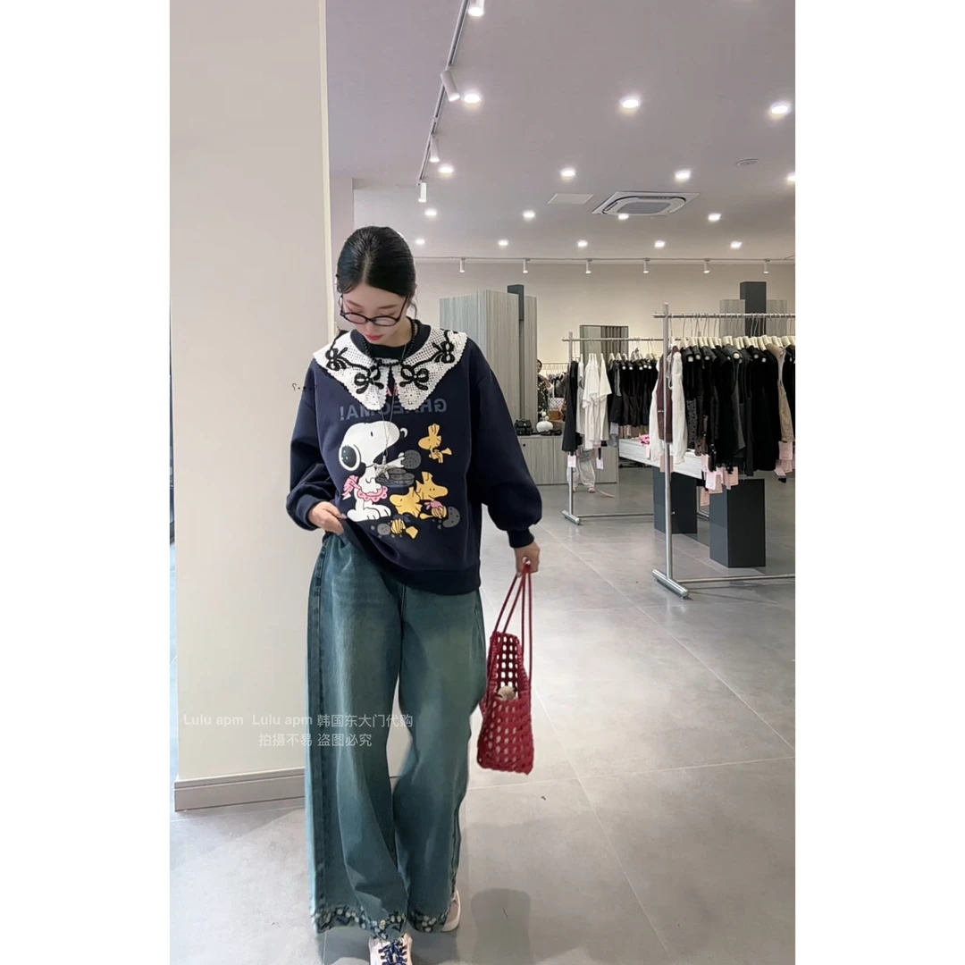 루루가−（史努比天团）韩系新款百搭娃娃领花边蝴蝶时尚设计感长袖卫衣