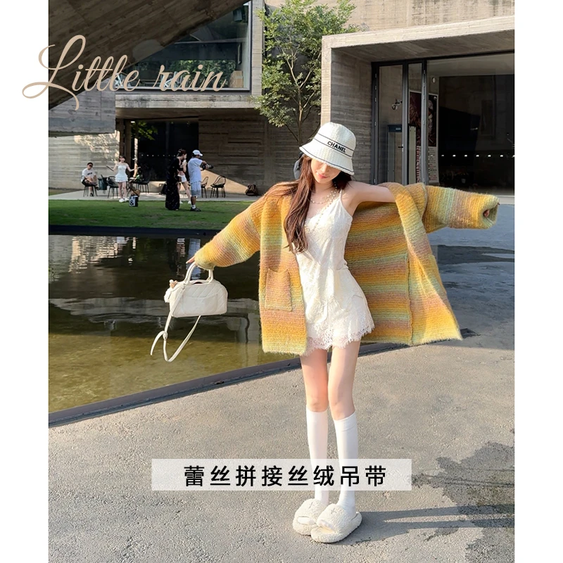 小雨姐姐秋款【芙影欲系】设计感蕾丝拼接收腰修身丝绒吊带连衣裙女