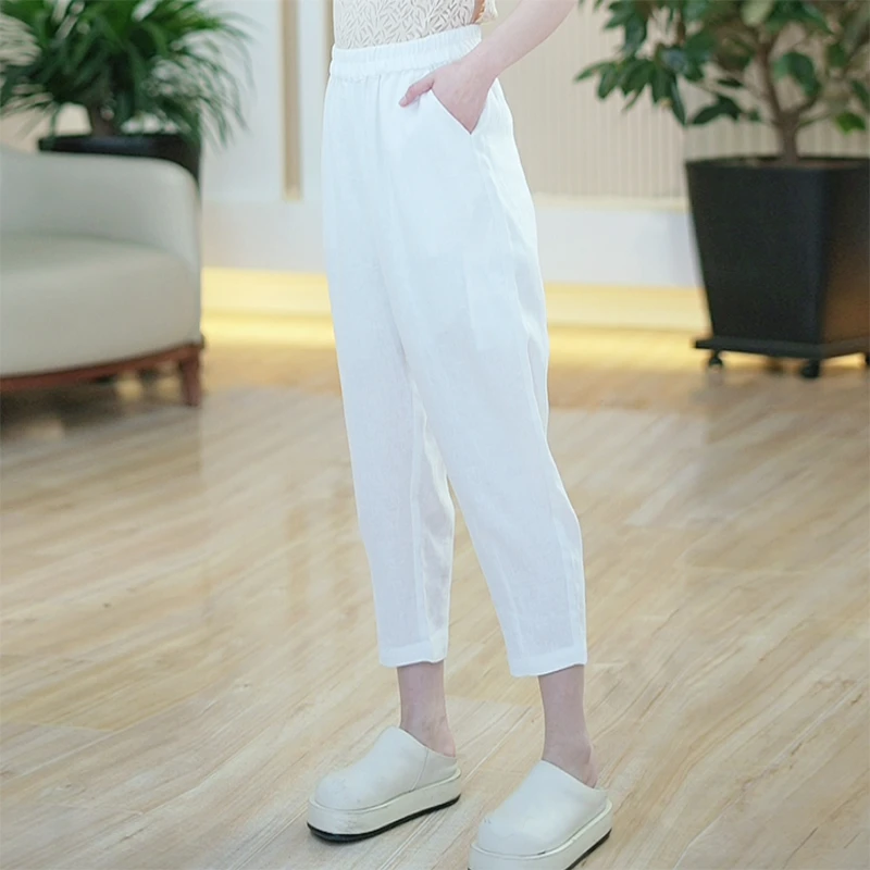 亚麻净版麻裤女大码夏季百搭哈伦萝卜休闲裤时尚休闲直筒八分裤潮