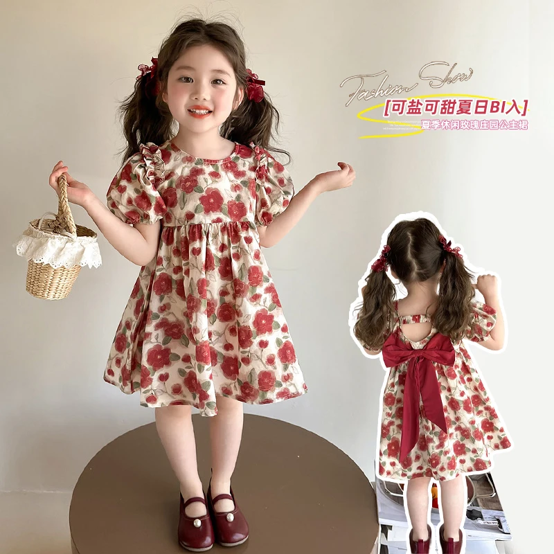 女童碎花连衣裙2025夏季新款小女孩洋气花朵公主裙泡泡袖短袖裙子