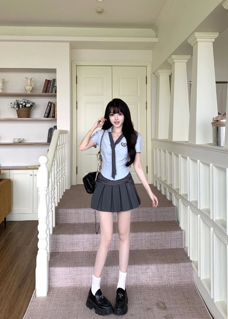 【坏坏学姐】2025新品蓝色学院风制服领结衬衫上衣百褶裙套装短袖