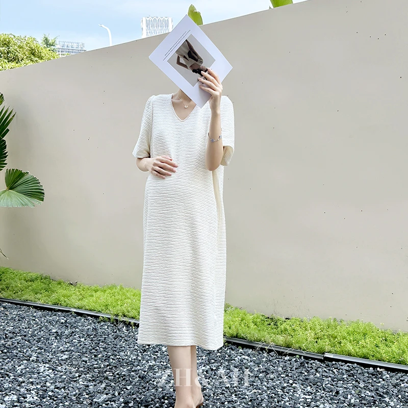 ZH&AH【冰岛白茶】夏季新款时尚气质百搭设计师款孕期曲奇皱连衣裙