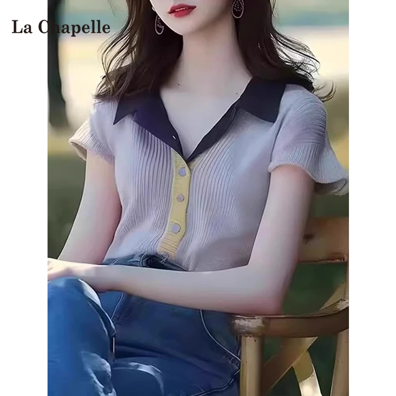 拉夏贝尔法式小香风2025夏季翻领针织短袖t恤爆款洋气显瘦上衣女