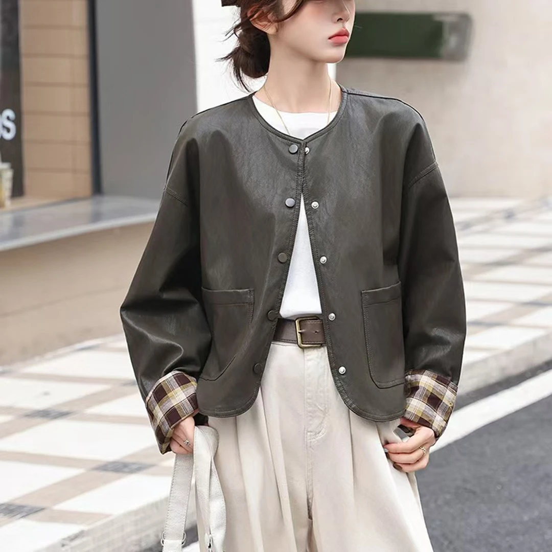 2025年秋冬新款时尚百搭宽松显瘦气质简约设计感皮衣外套女上衣潮