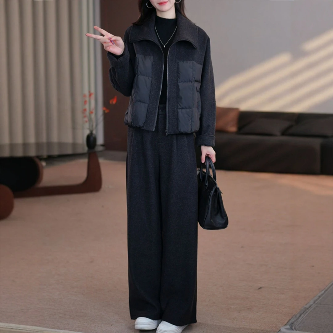 韩系休闲气质时尚套装女冬季新款加厚保暖外套阔腿裤显瘦两件套潮
