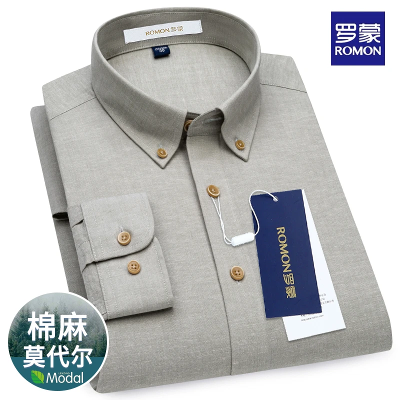 罗蒙40岁到50岁商务男士棉麻长袖衬衫抹茶绿莫代尔男装上档次衬衣