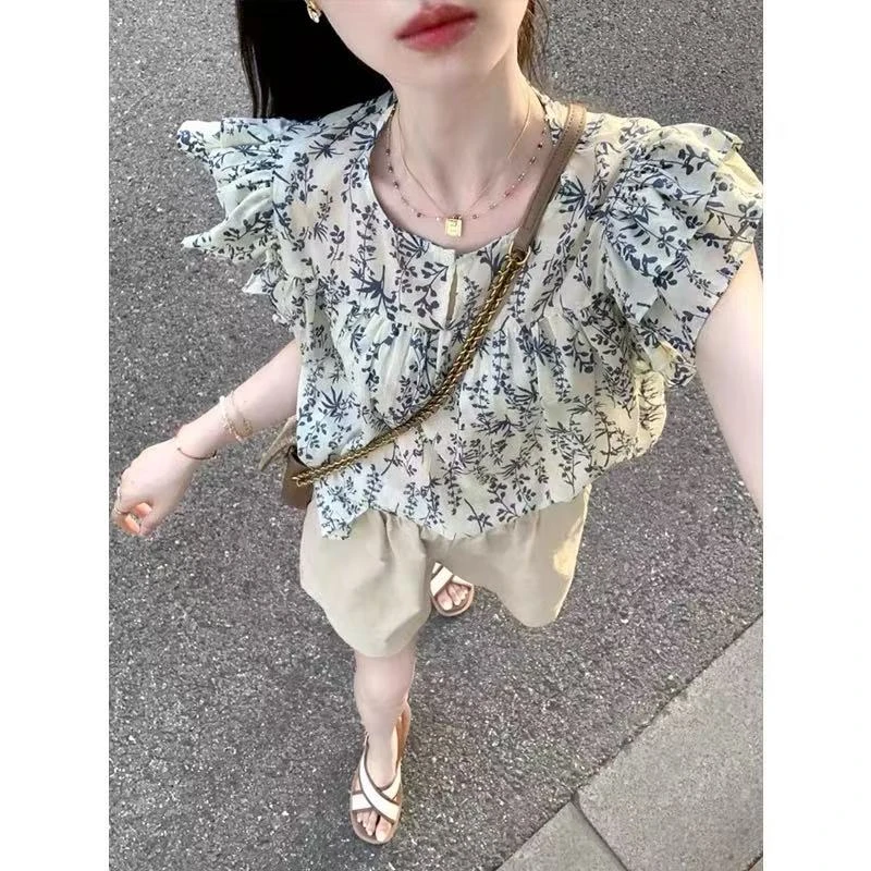 法式2025夏季新款碎花荷叶边短袖衬衫女小飞袖娃娃衫洋气上衣6851