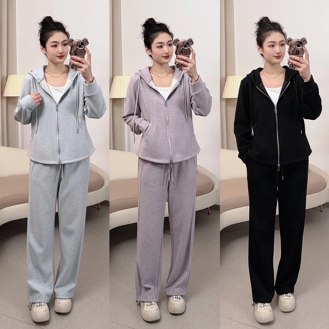 【红袖雨】慵懒风显瘦运动套装拉链连帽套装女时尚卫衣两件套-42091