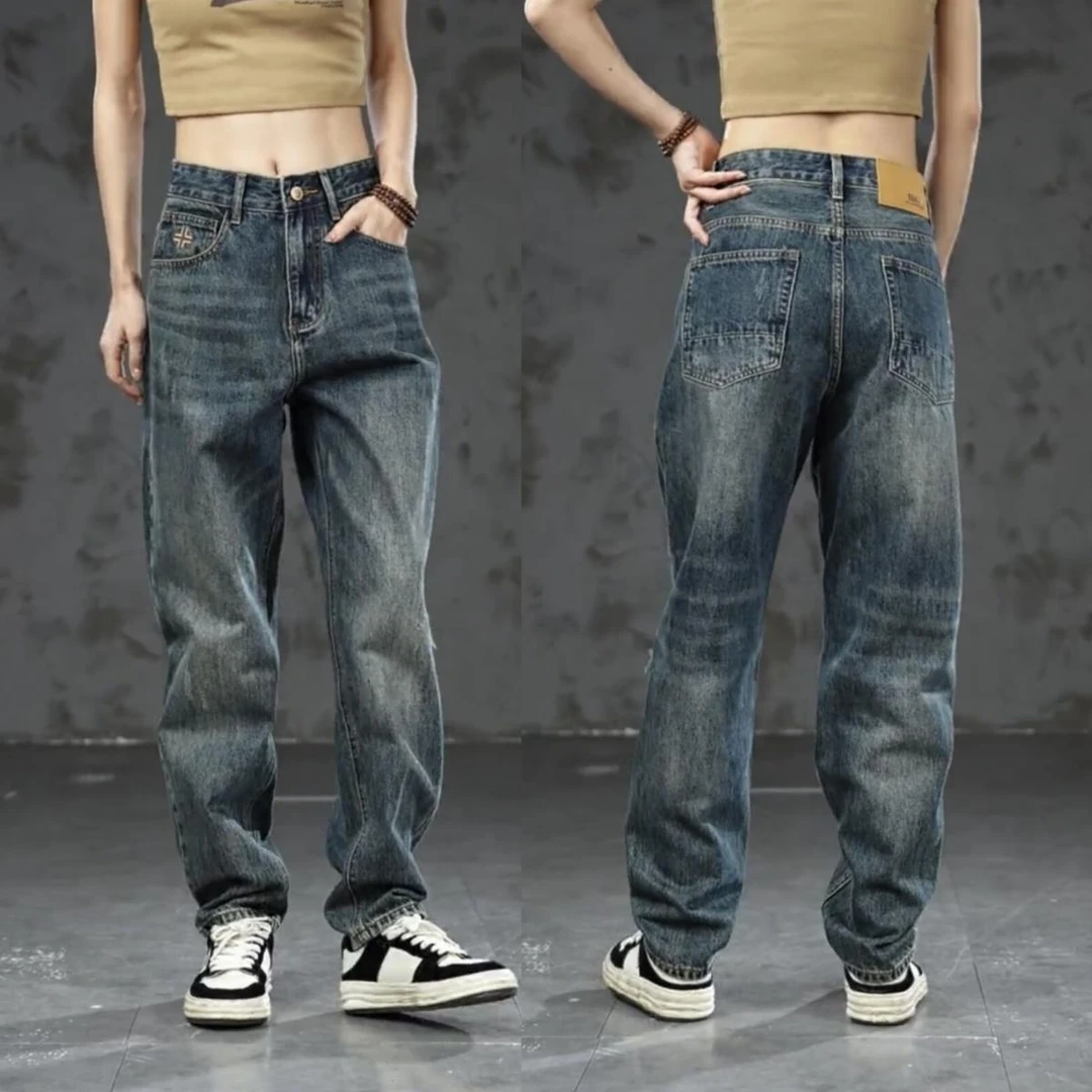 香港春季男士新款美式复古重工水洗刺绣直筒牛仔裤时尚百搭小脚休