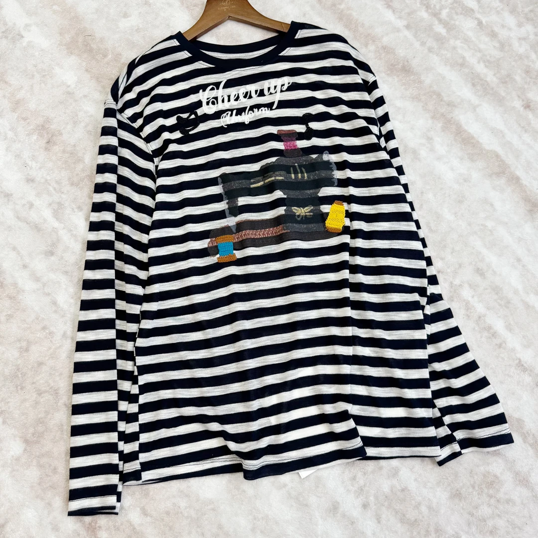 【miu系】刺绣防晒T恤 薄款圆领印花条纹 宽松显瘦春夏长袖女