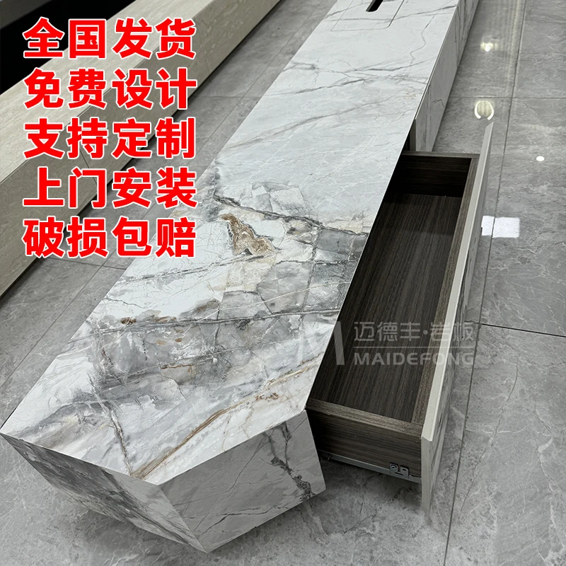 2.6米寒江雪岩板海棠角地柜长条电视柜极简切角地台定制客厅落地