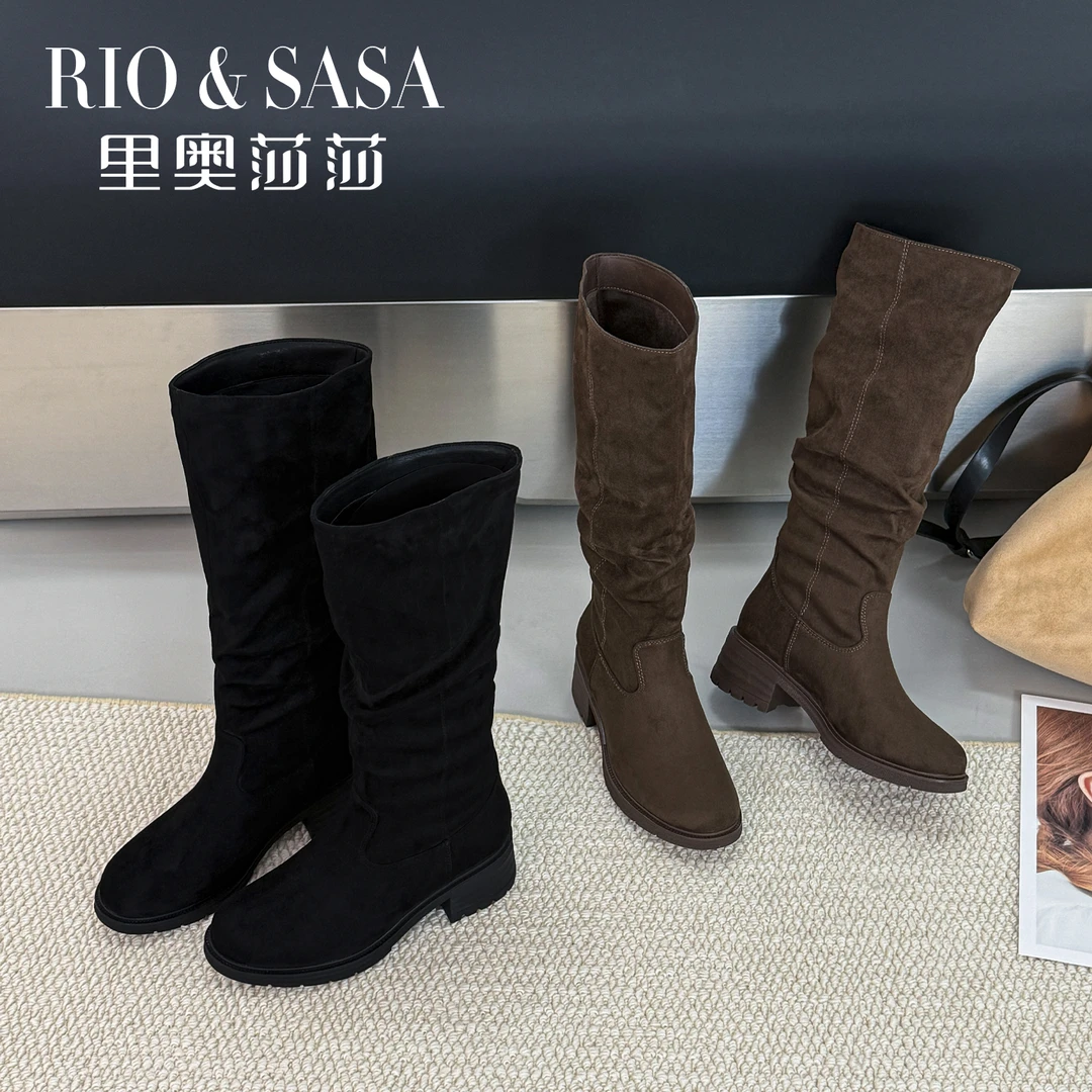 里奥莎莎时装靴褶皱堆堆靴秋冬2025时尚粗跟女靴厚底女鞋RM5055