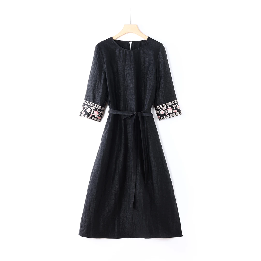 【澜亭絮絮】桑蚕丝香云纱刺绣袍子款连衣裙25-077