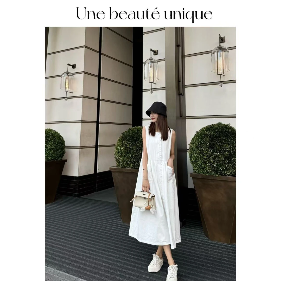 【班珠尔】时尚休闲气质无袖连衣裙大廓形A摆设计感白色长裙