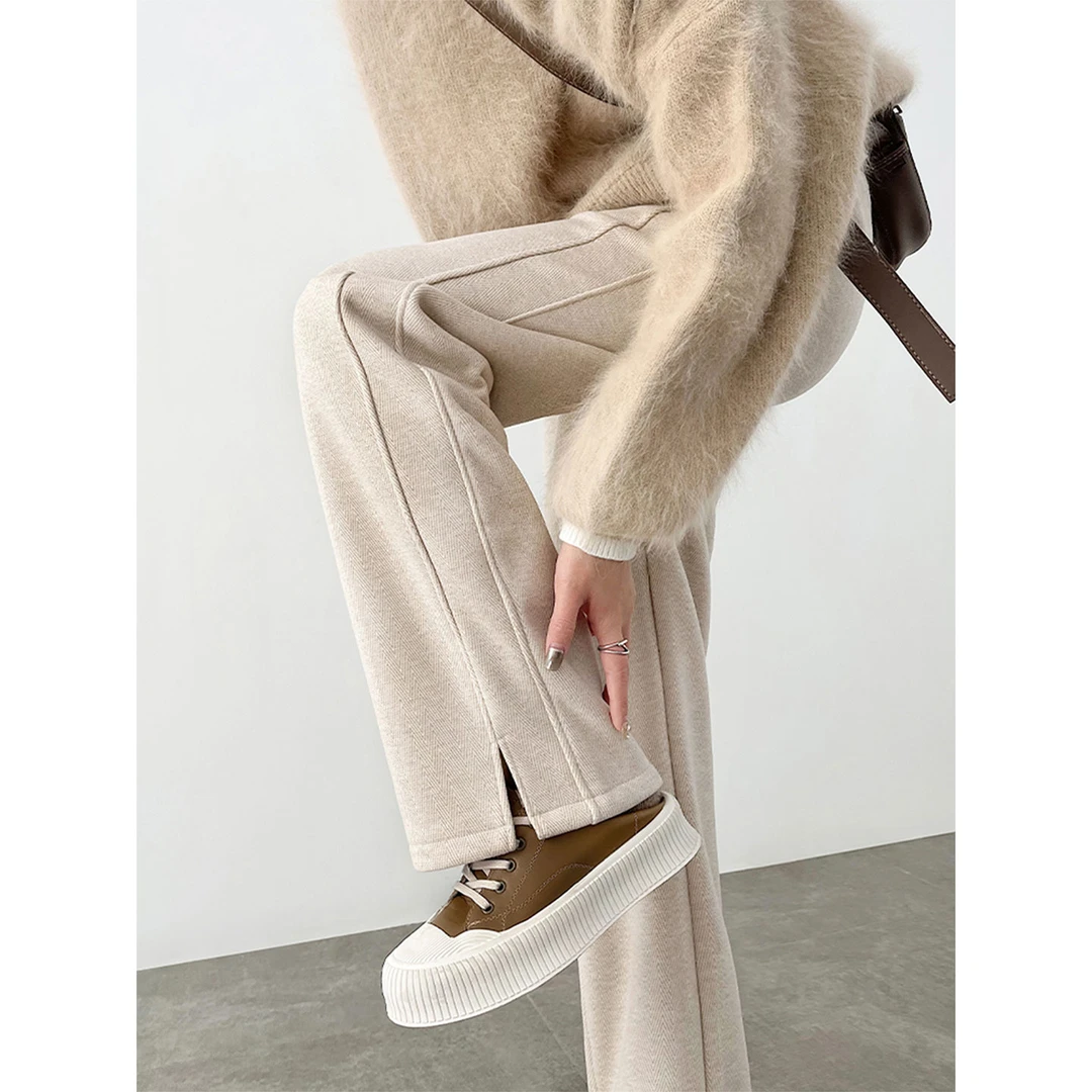 大码冬季杏色加绒直筒阔腿休闲裤女梨形身材高腰宽松显瘦分叉长裤