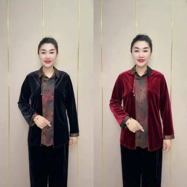 中式风格丝绒盘扣翻领开衫中老年秋季遮肉显瘦外套