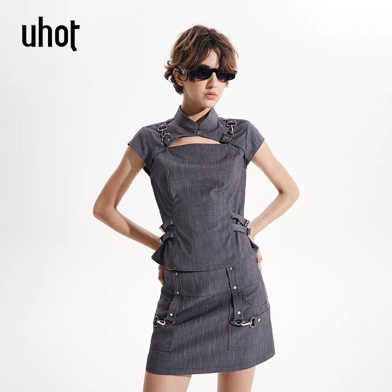 uhot 灰条纹新中式镂空设计感性感气质上衣2025春夏新款UWWS3N090