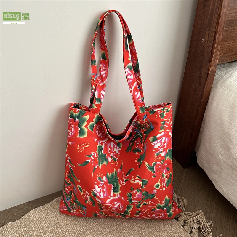 帆布包包女2024新款东北大花小众秋冬大容量百搭单肩斜挎包饺子包