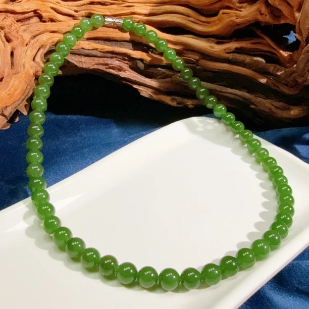 【伟伟鉴定】和田玉碧玉 圆珠妈妈链 项链 卡 8 时尚百搭饰品