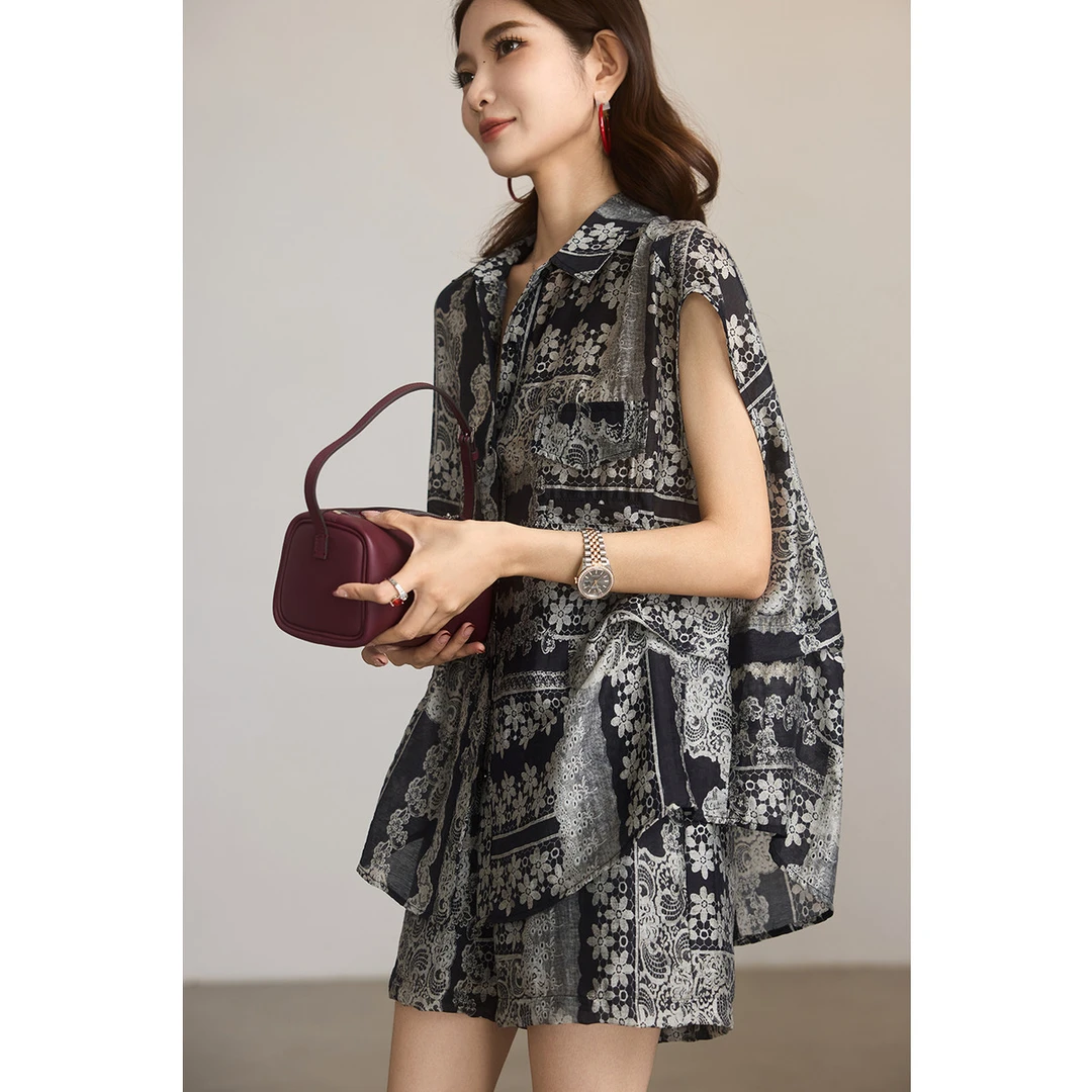 时尚亚麻短袖上衣套装女夏季2025年新款两件套欧美风大码女装