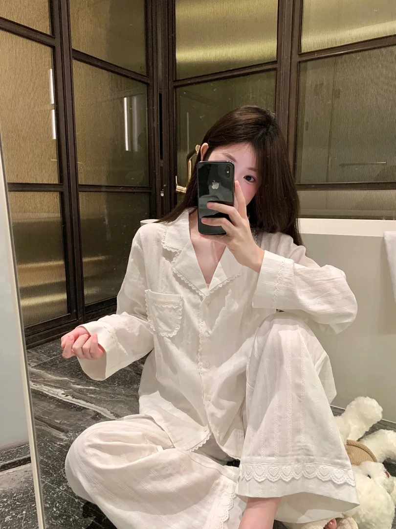 【蕾丝花边】韩版简约纯色睡衣女春秋新款棉纱长袖长裤家居服套装
