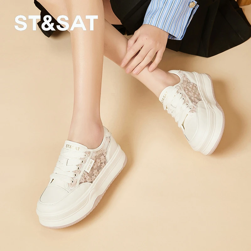 星期六网面透气炸街小白鞋女2024夏季新款小个子经典增高厚底板鞋