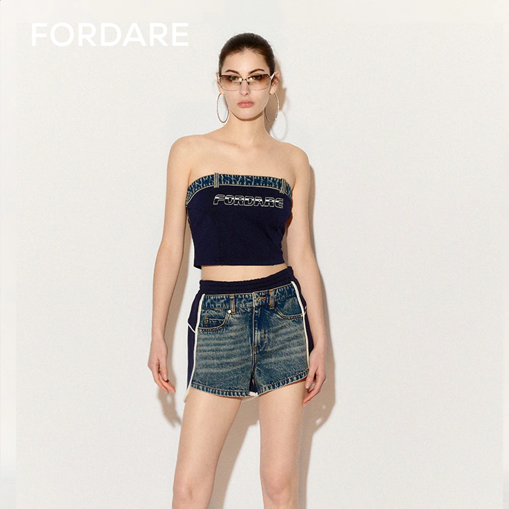 FORDARE牛仔拼接短裤