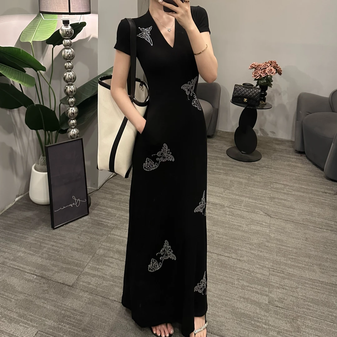 【Gouya 】法式黑色连衣裙女夏季新款中长款收腰显瘦名媛包臀长裙