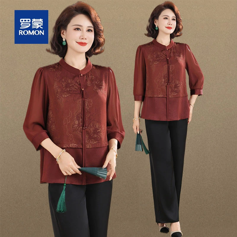 罗蒙新中式妈妈装雪纺小衫两件套夏装洋气中老年假两件衬衫T恤女