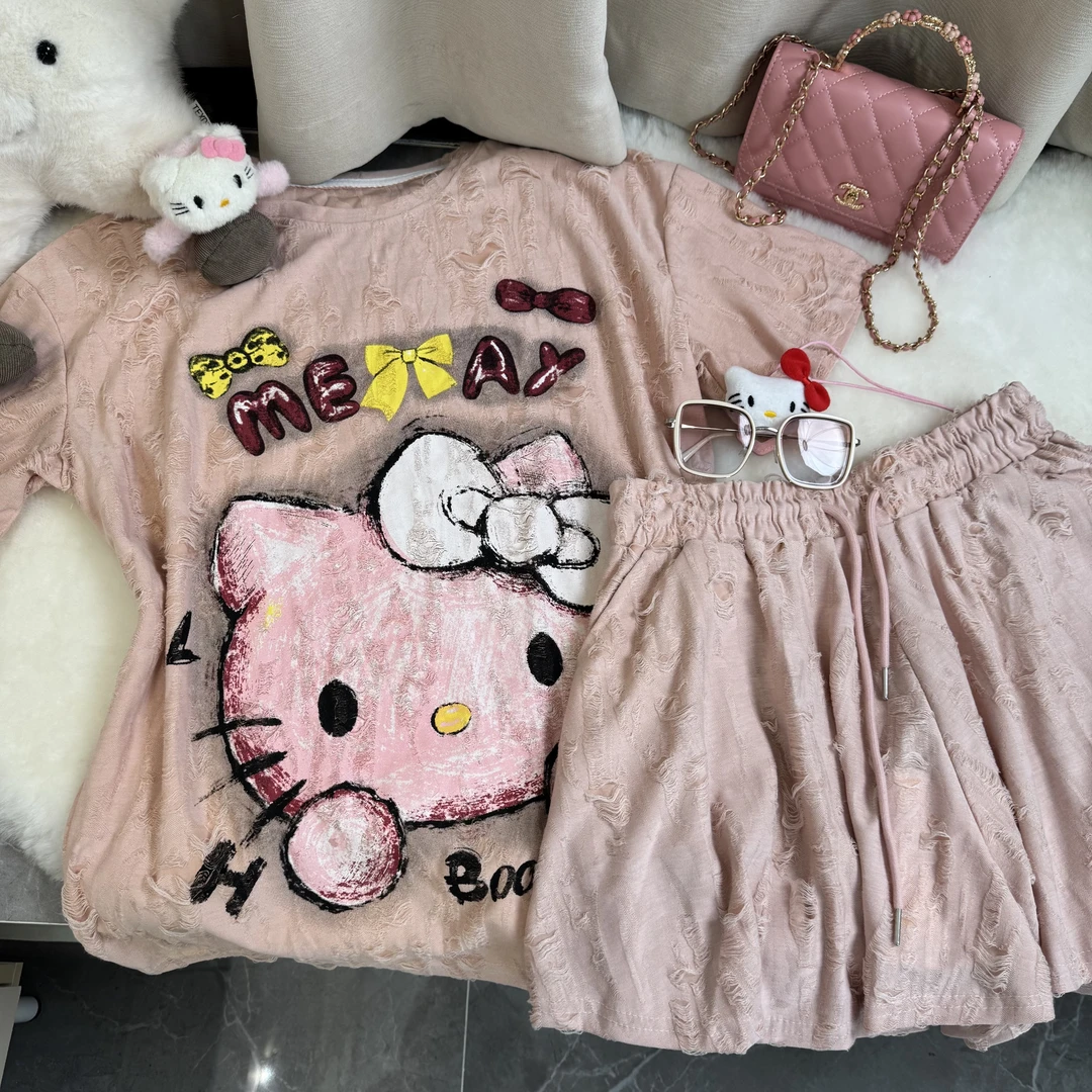 夏季新款破洞设计感HelloKitty猫短袖T恤女宽松减龄甜美上衣