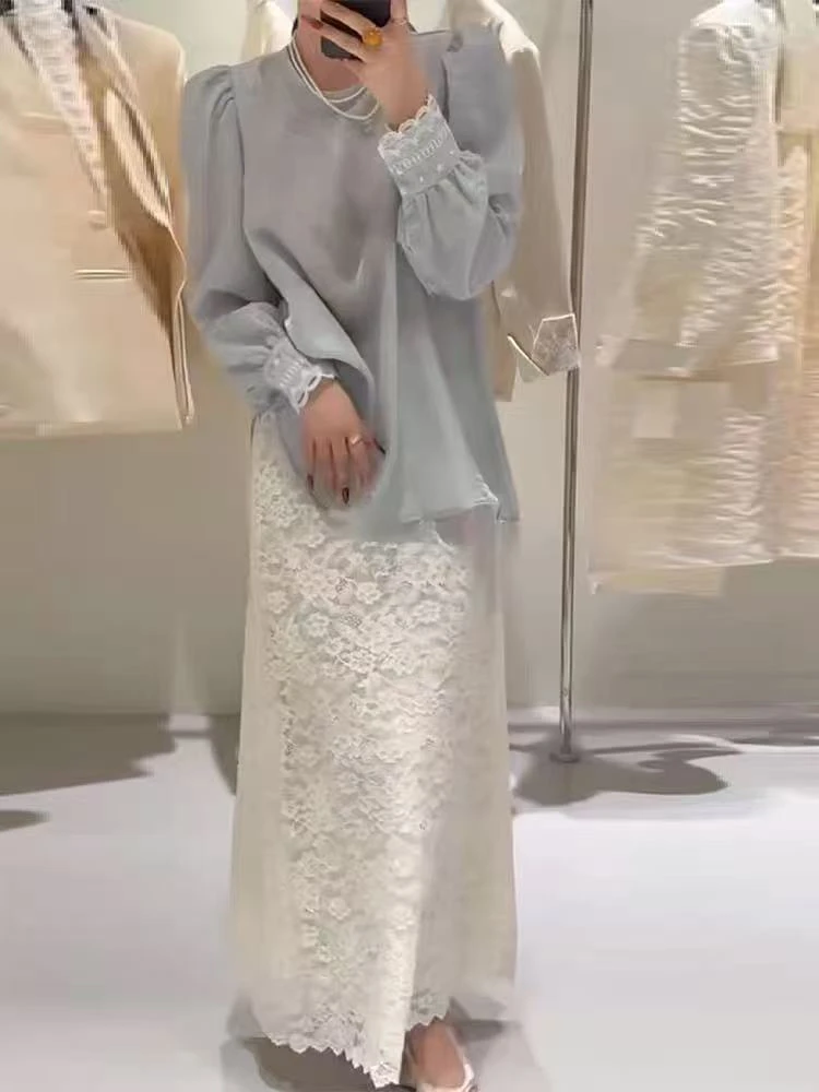 肉肉家*大码春光琉璃上衣+蕾丝裙子