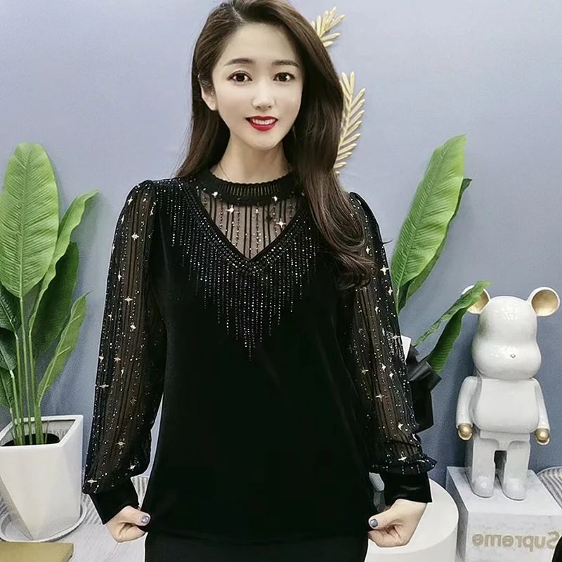 秋冬新款气质网纱丝绒打底衫蕾丝女洋气显瘦黑色百搭时尚减龄小衫