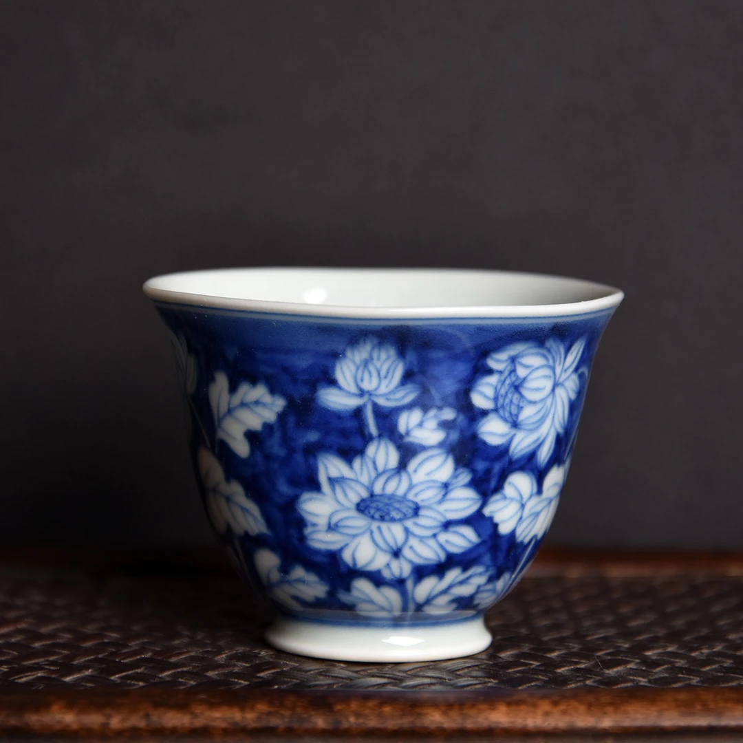 YR007景德镇陶瓷茶器仿明官窑器青花留白向日葵茶杯