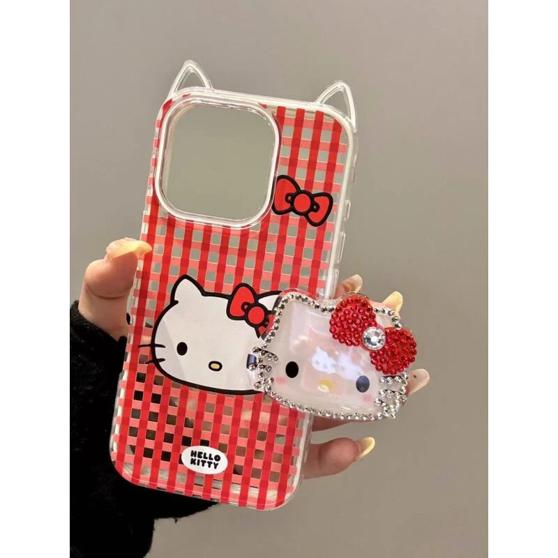 立体猫耳透底红格纹点钻可爱猫咪适用iphone16promax苹果15手机壳
