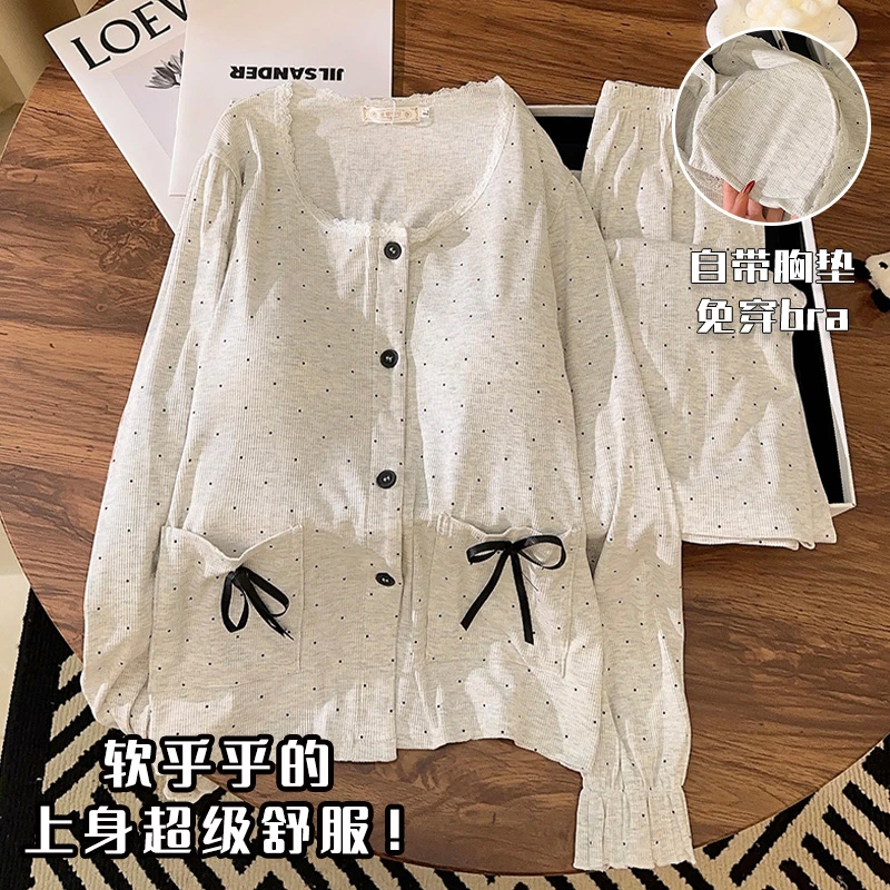 网红波点睡衣女春秋季长袖带胸垫莫代尔套装2025新款早春家居服冬
