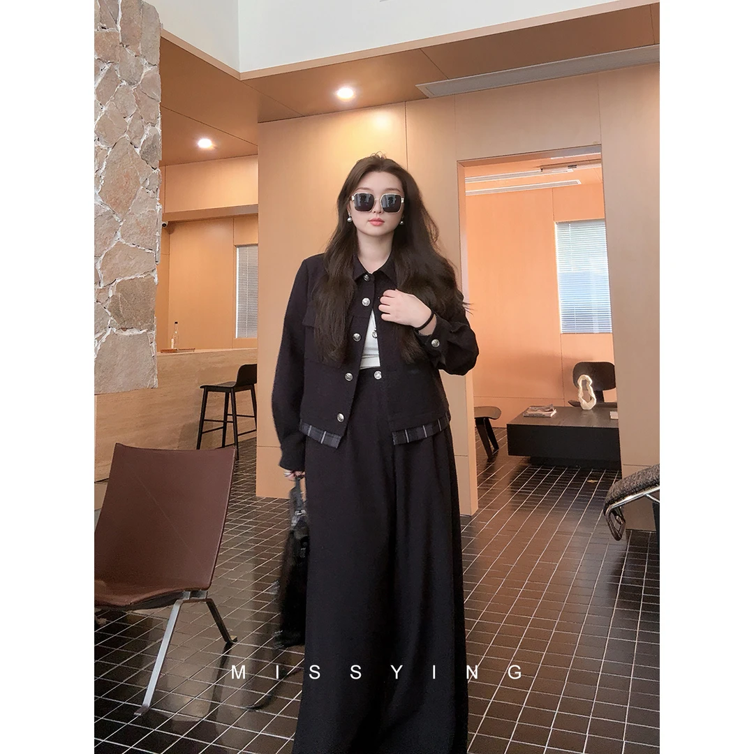 应小姐【杂志社】微胖大码初秋韩版显瘦宽松气质毛呢上衣+长裤套装