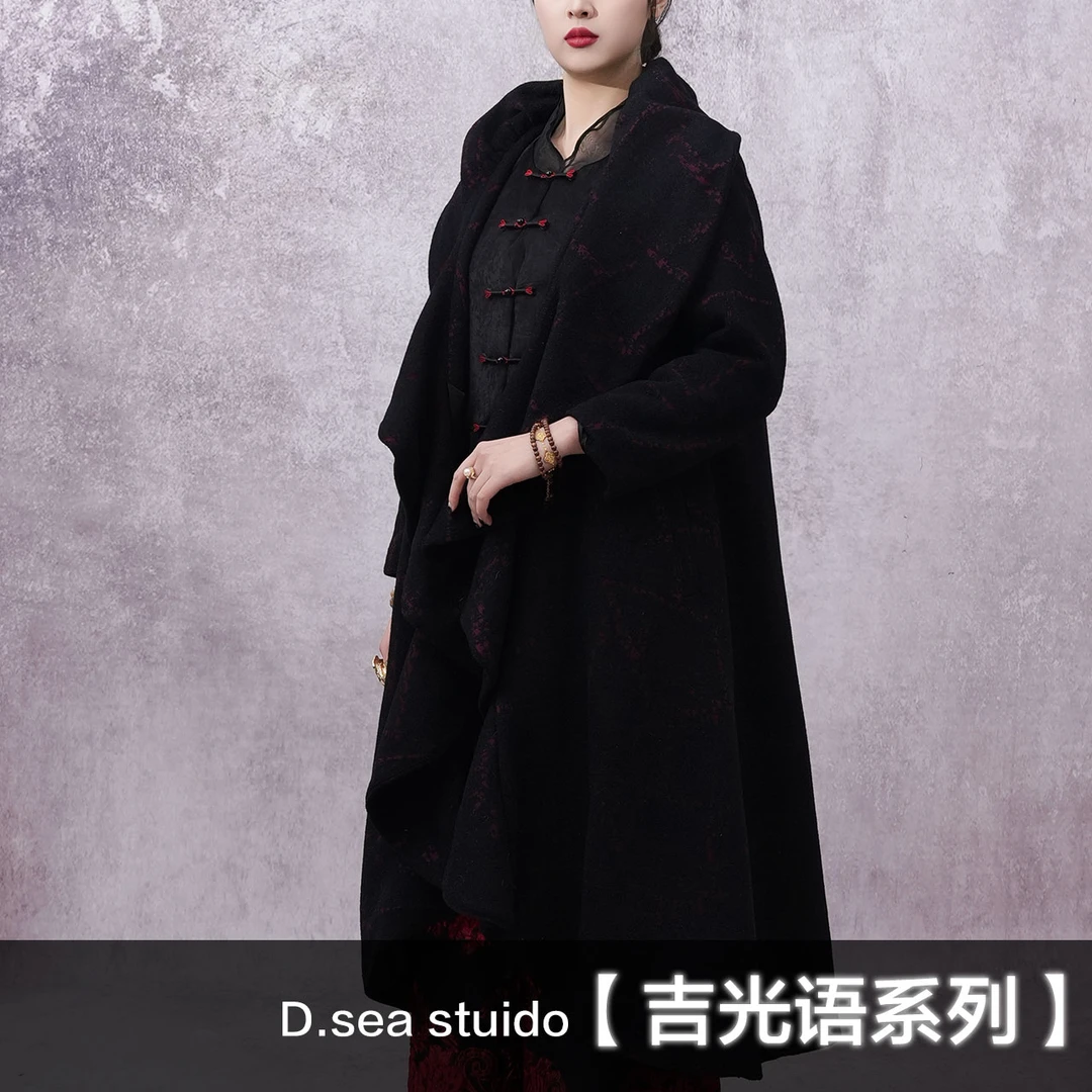 【大海轻奢】W1943黑紫色手工捏杆褶皱衣领廓形秋冬风衣