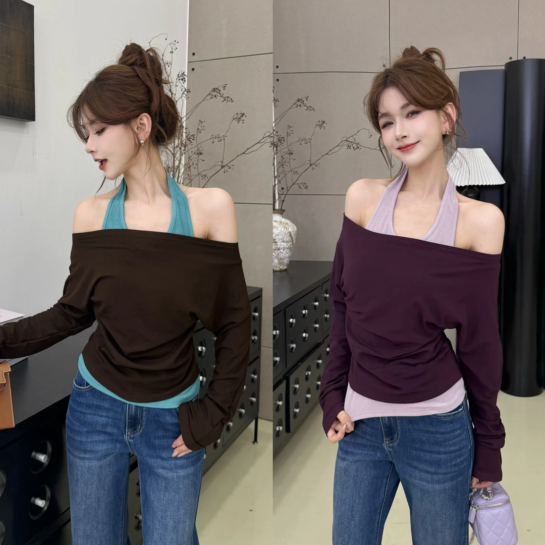 【层次巧构】撞色假两件修身显瘦辣妹上衣（衣长49）