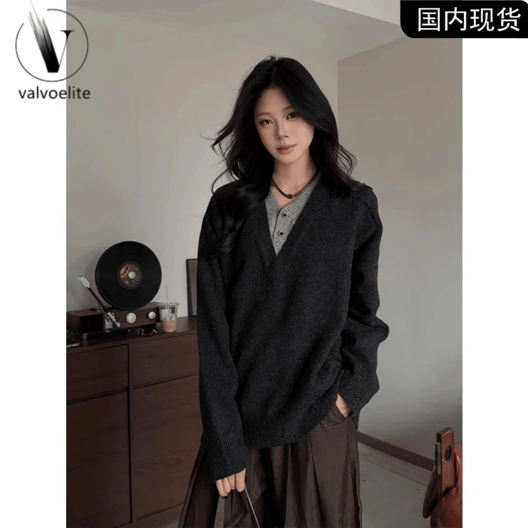 深灰色V领假两件针织衫毛衣男女款春秋季老钱风高绿色男士针织衫