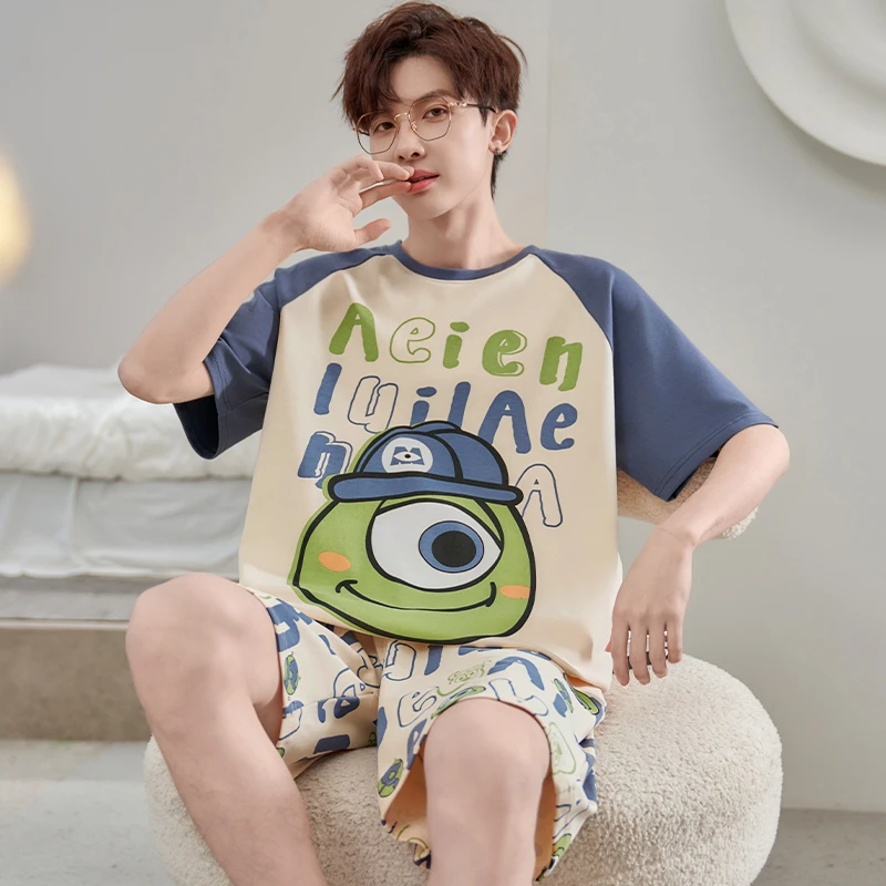 男士睡衣短袖纯棉2025新款夏季大码宽松卡通全棉青少年家居服套装