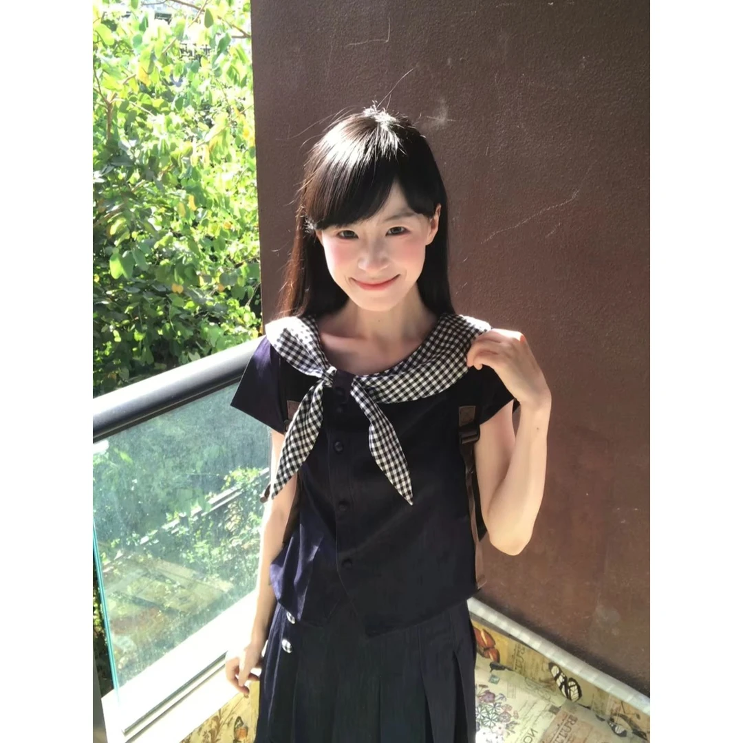 韩系格纹蝴蝶结拼接设计感短袖衬衫女夏季学院风修身显瘦短款上衣