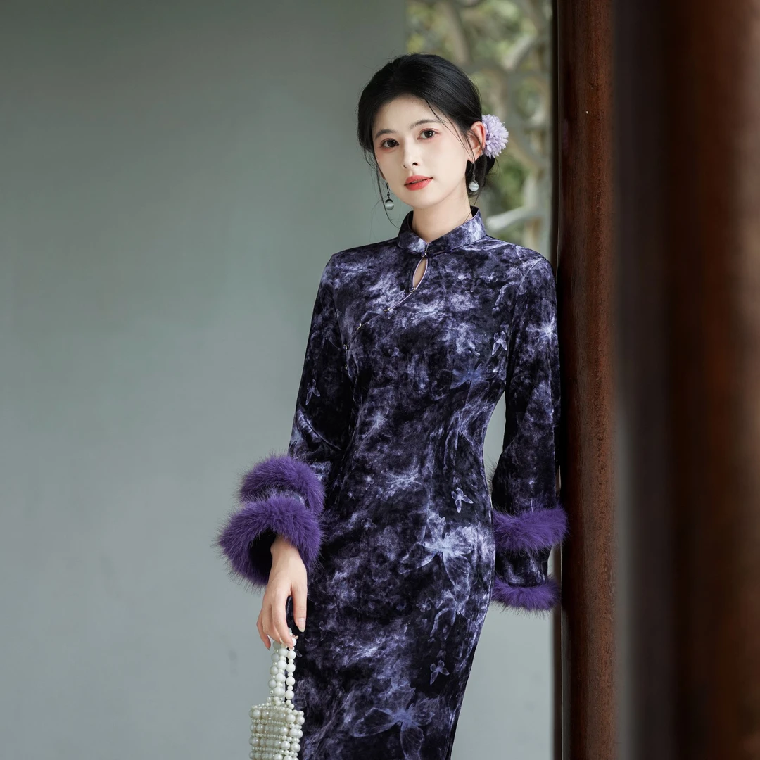 紫色复古冬款加绒长袖旗袍秋冬季加厚保暖高级感女神气质修身显瘦