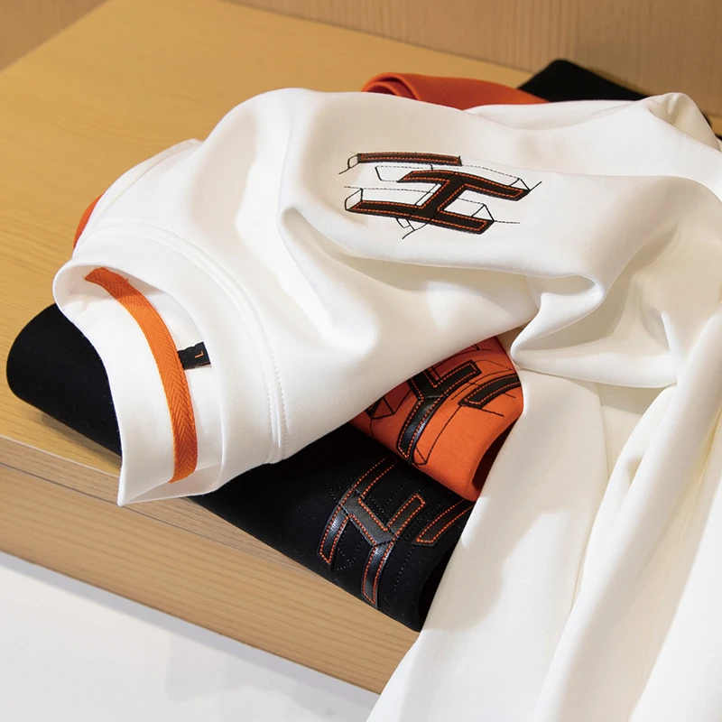 WEBUNSAPET维比萨玻新款秋季薄款白色长袖T恤男圆领高端刺绣卫衣