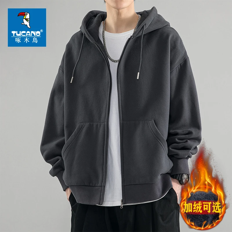 啄木鸟开衫加绒卫衣男款春秋冬季2026新款潮牌宽松美式加厚男外套