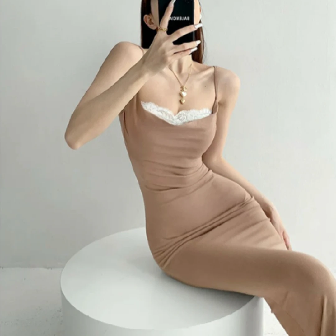 性感辣妹荡领拼接蕾丝吊带裙女夏季2025新款收腰显瘦包臀鱼尾裙