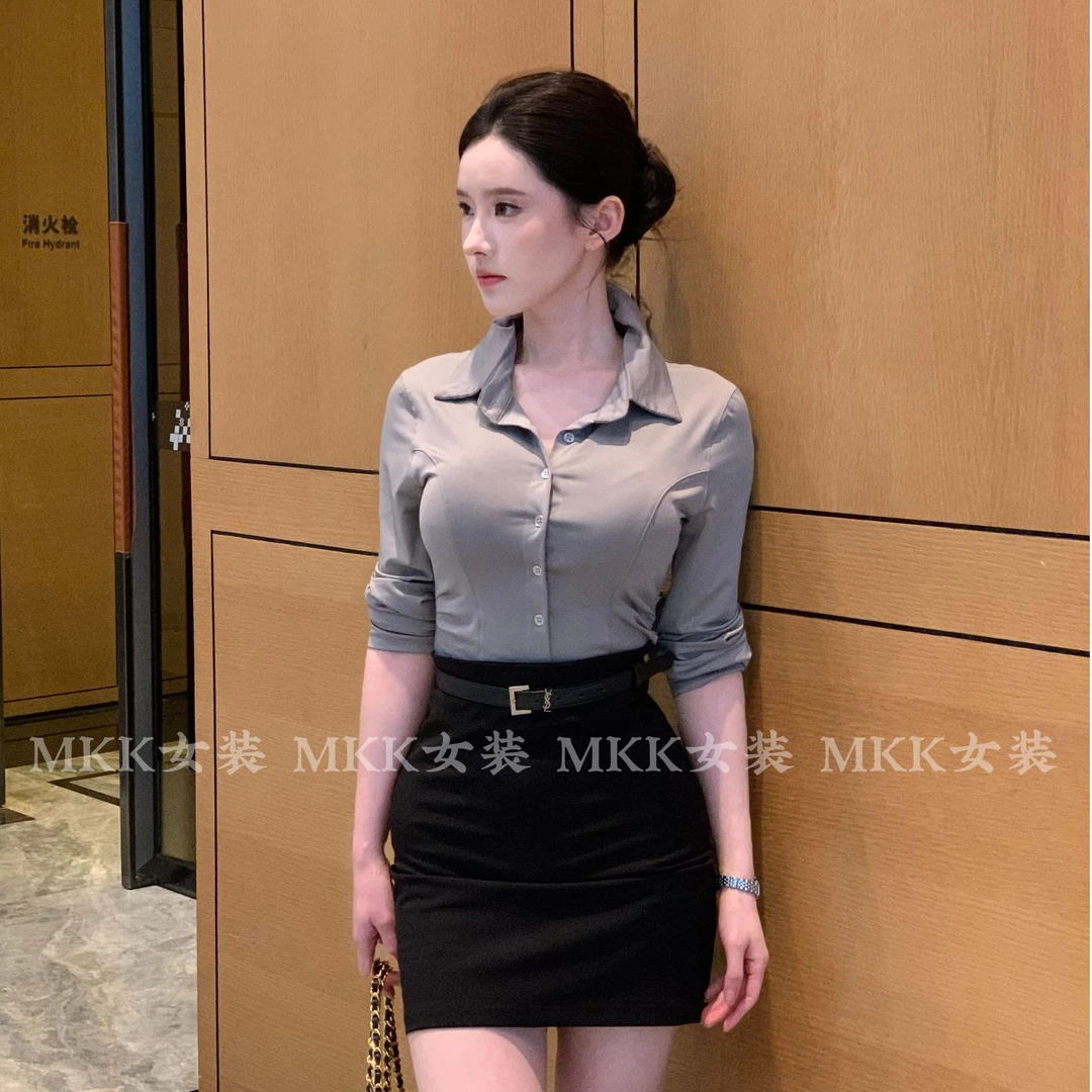 法式轻熟风御姐灰色衬衫女新款辣妹性感紧身衬衣修身通勤职业上衣