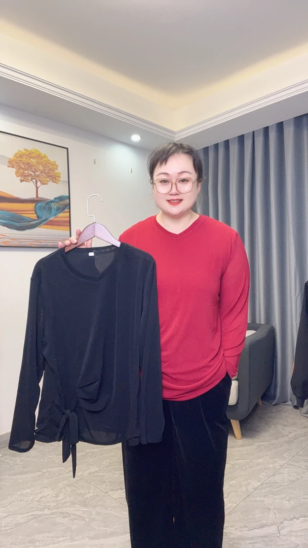 V领妈妈装褶皱系带极简风设计师款纯色休闲套头衫小衫打底衫
