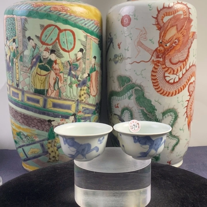 杯子陶12967瓷器—青花人物杯一对